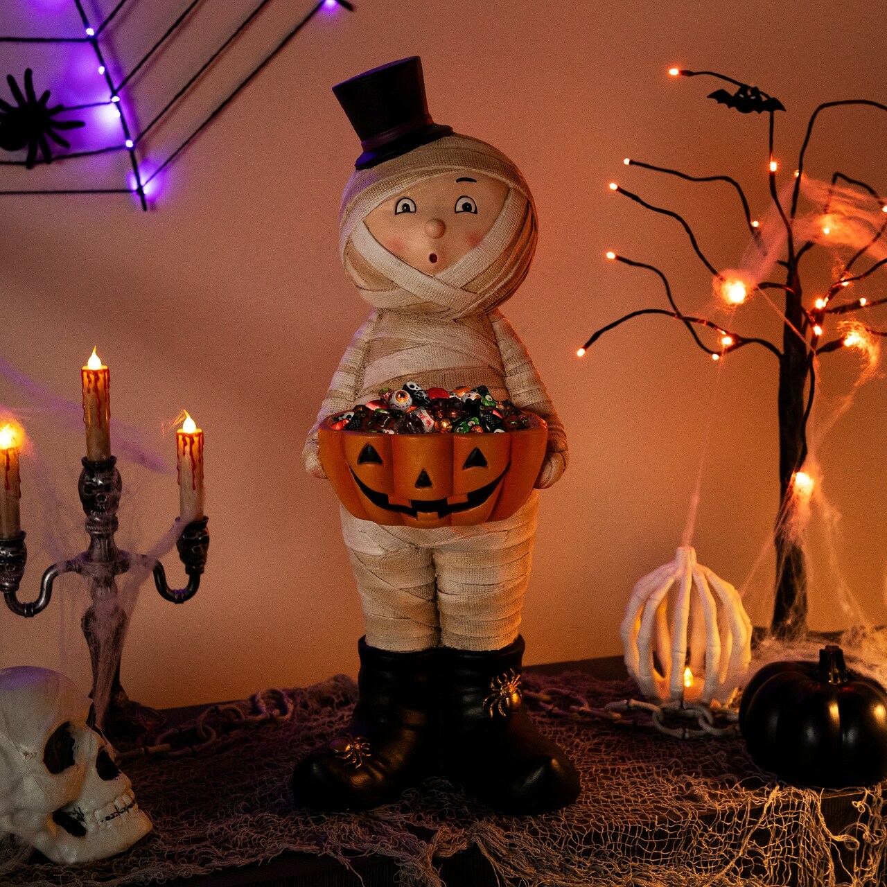 Northlight Mummy in Top Hat Holding Jack-O-Lantern Candy Dish Halloween Decoration - 23"